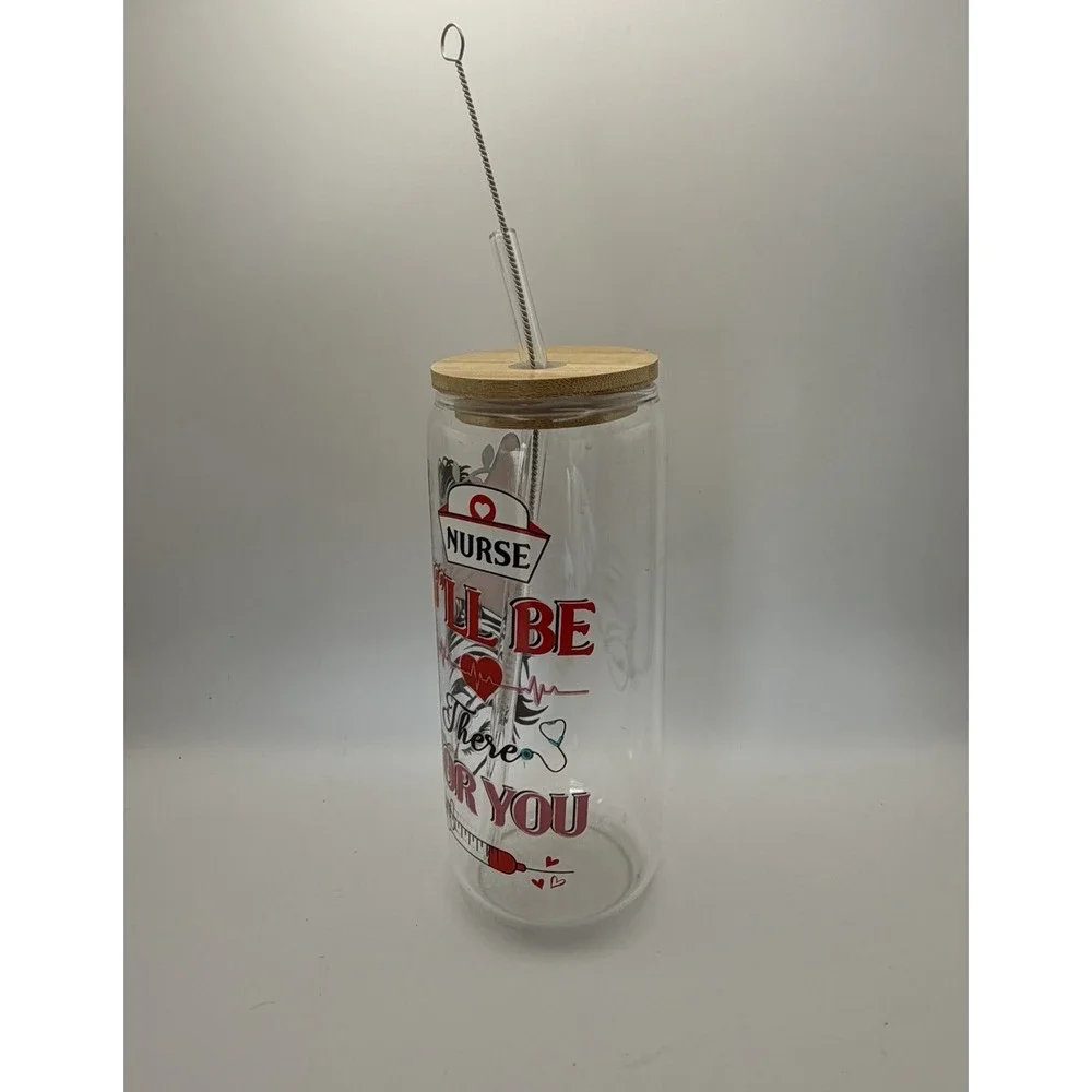NURSE Glass Tumbler Cup Bamboo Lid Glass‎ Straw & Straw Cleaner